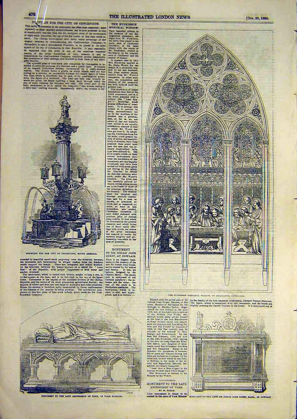 Old Antique Print 1855 Chichester Cathedral Monument Fountain Testimonial 19th