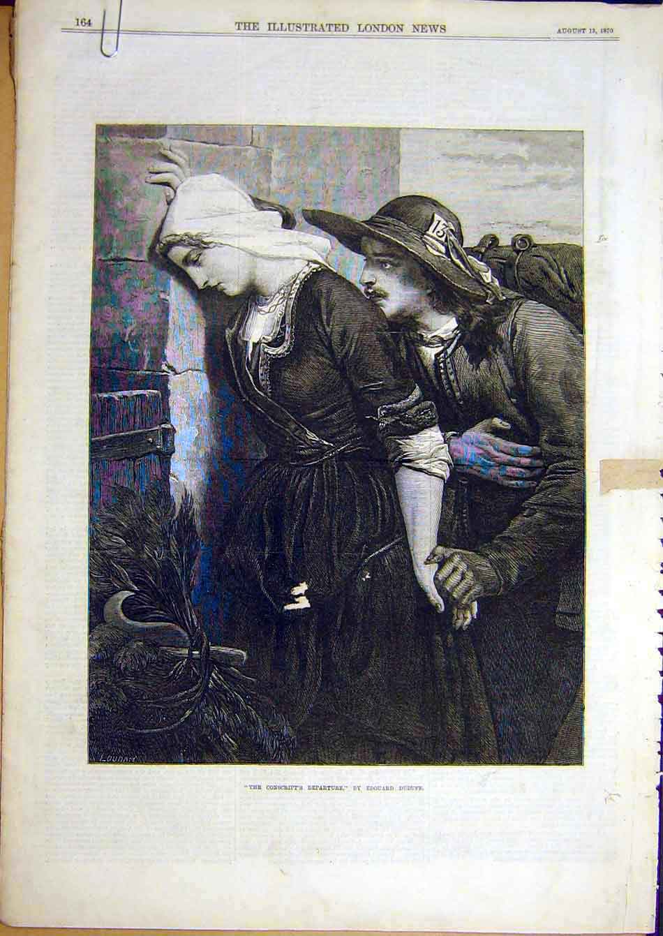 Original Old Antique Print 1870 Conscripts Departure Dubufe Return Sier War