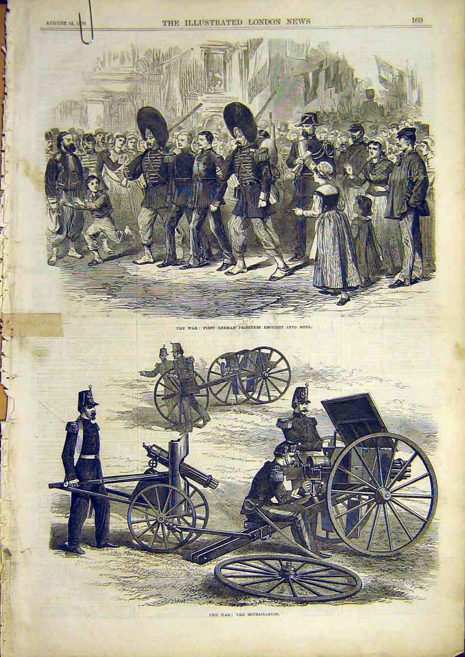 Original Old Antique Print 1870 War German Prisoners Metz Mitrailleusse Potsdam