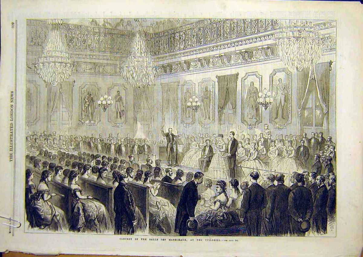 Old Antique Print 1869 Concert Salle Marecheux Tuileries Emperor Gateway 19th