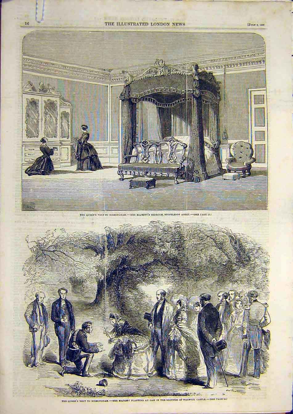 Old Antique Print 1858 Birmingham Queen Stoneleigh Warwick Castle Aston 19th