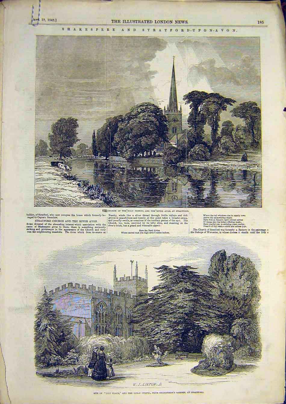 Old Antique Print 1847 Church Stratford Shakespeare Guild Chapel Church 19th