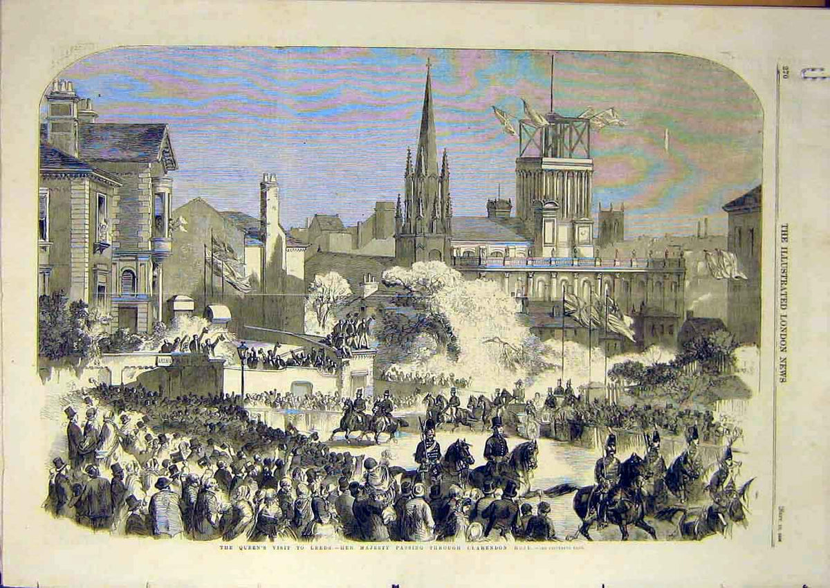 Original Old Antique Print 1858 Leeds Queen Visit Clarendon Great-Hall Building