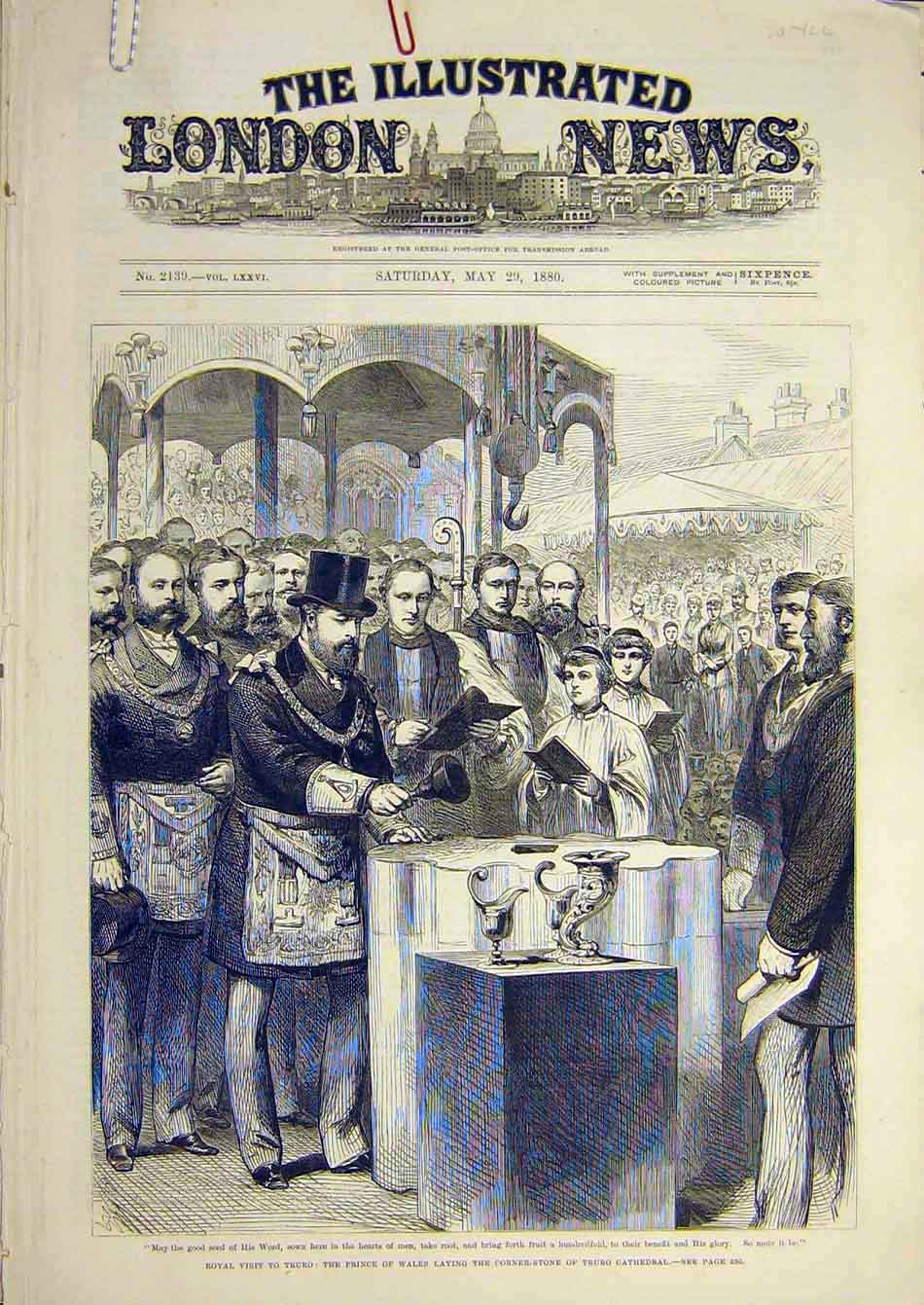 Old Antique Print 1880 Royal Visit Prince Wales Truro Cathedral Triumphal 19th