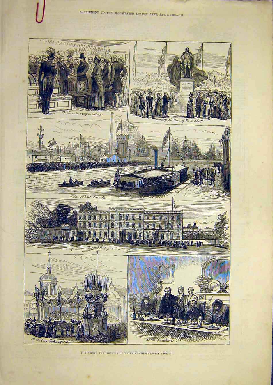 Original Old Antique Print 1879 Prince Princess Wales Grimsby Duke Connaught