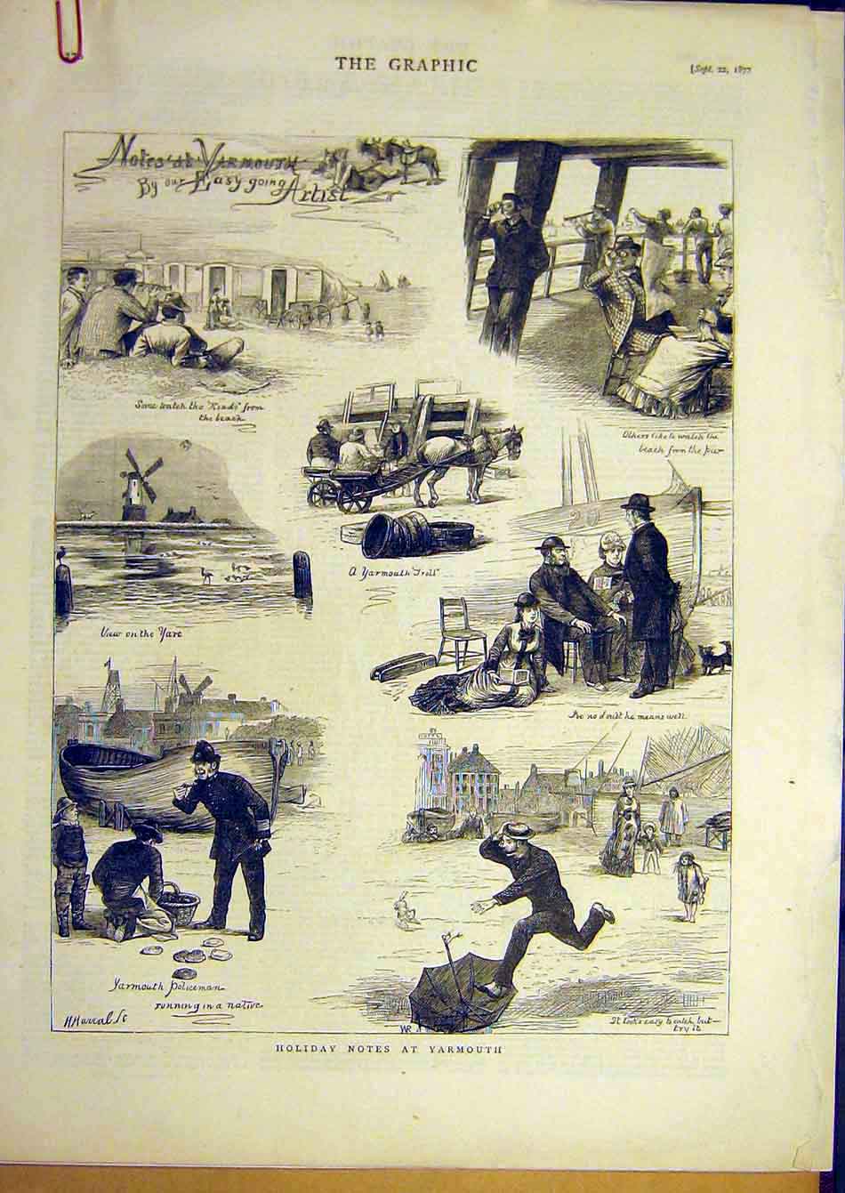 Old Antique Print 1877 Yarmouth Sketch Holiday Military Artillery Prince 19th
