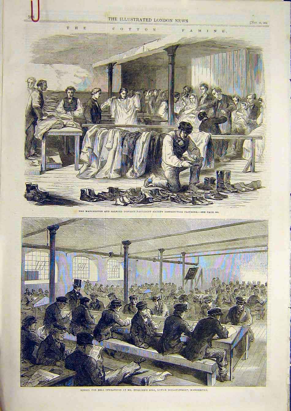 Old Antique Print 1862 Cotton Famine Manchester Salfor Provident Society 19th