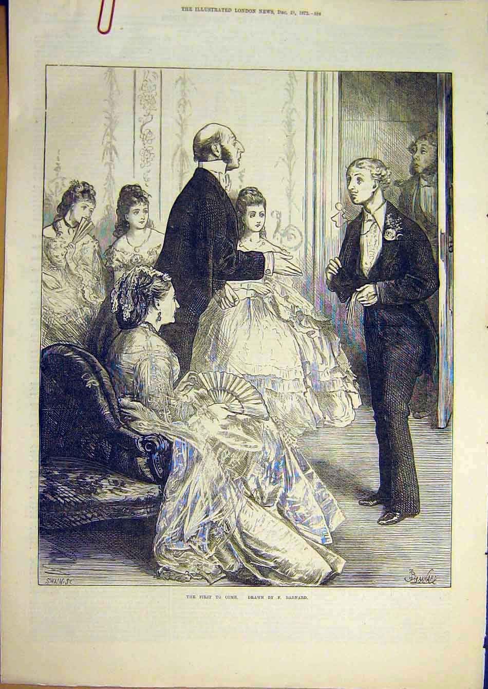 Original Old Antique Print 1872 Barnard Suitors First Man Guests Party 19th