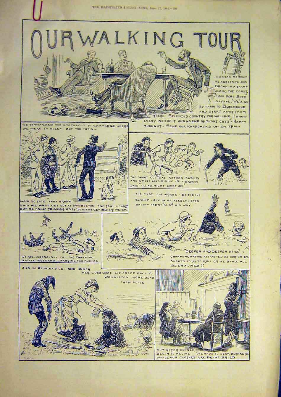 Original Old Antique Print 1884 Walking Tour Sketches Morant-Cox Tourist 19th