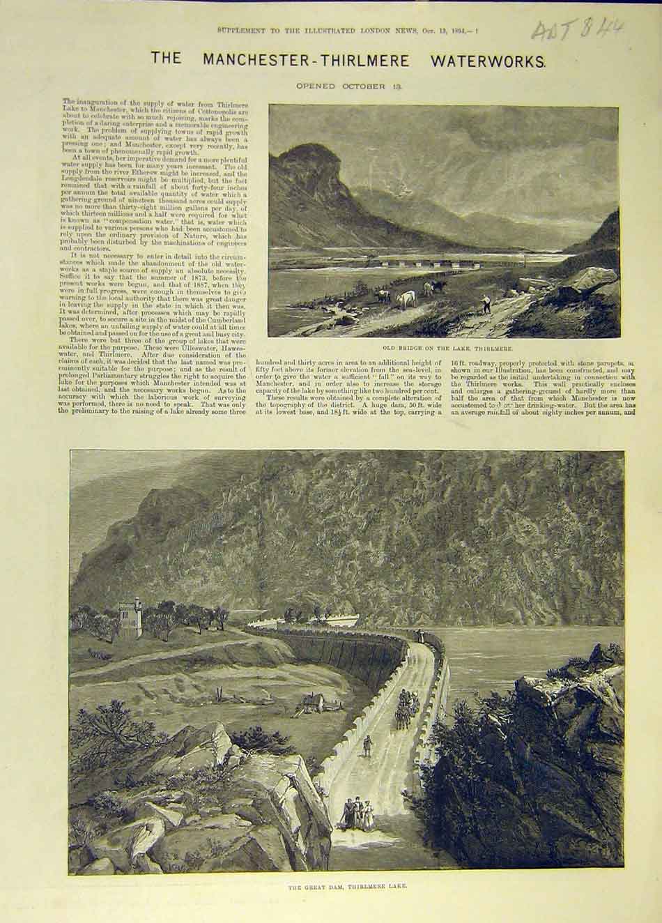 Original Old Antique Print 1894 Manchester-Thirlmere Waterworks Lake Bridge