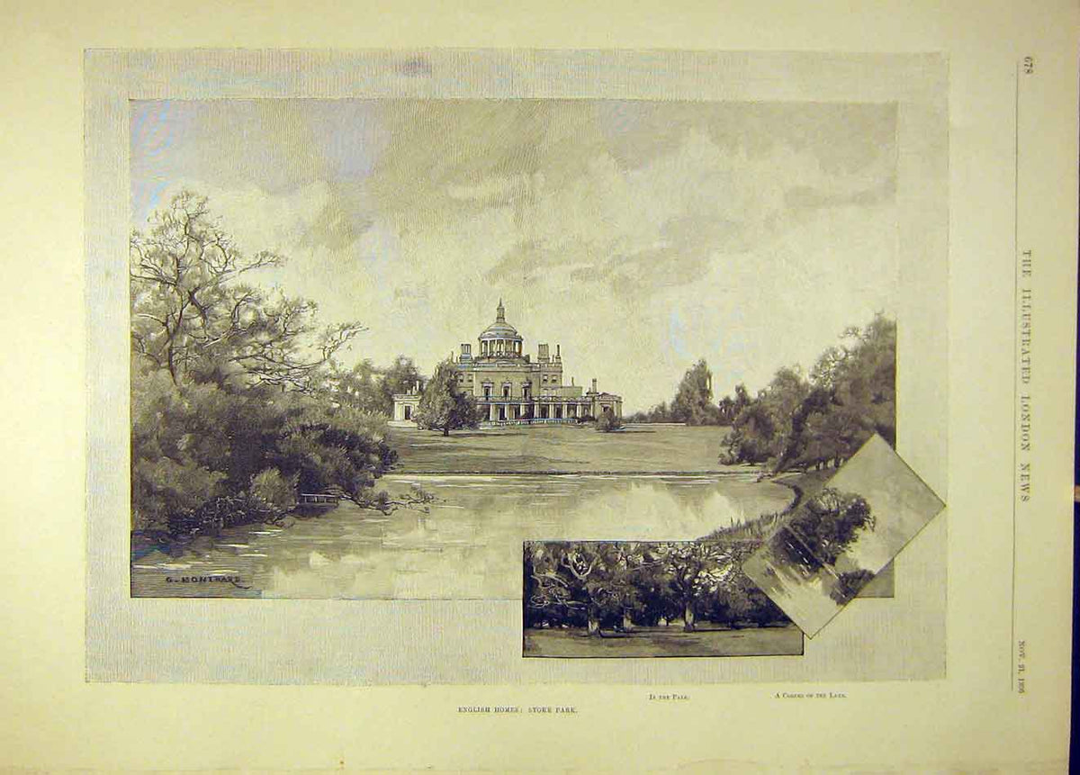 Original Old Antique Print 1896 English Homes Stoke Park Buckinghamshire Lake