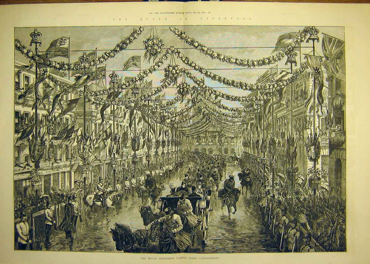 Original Old Antique Print 1886 Queen Liverpool Procession Castle-Street Crowds