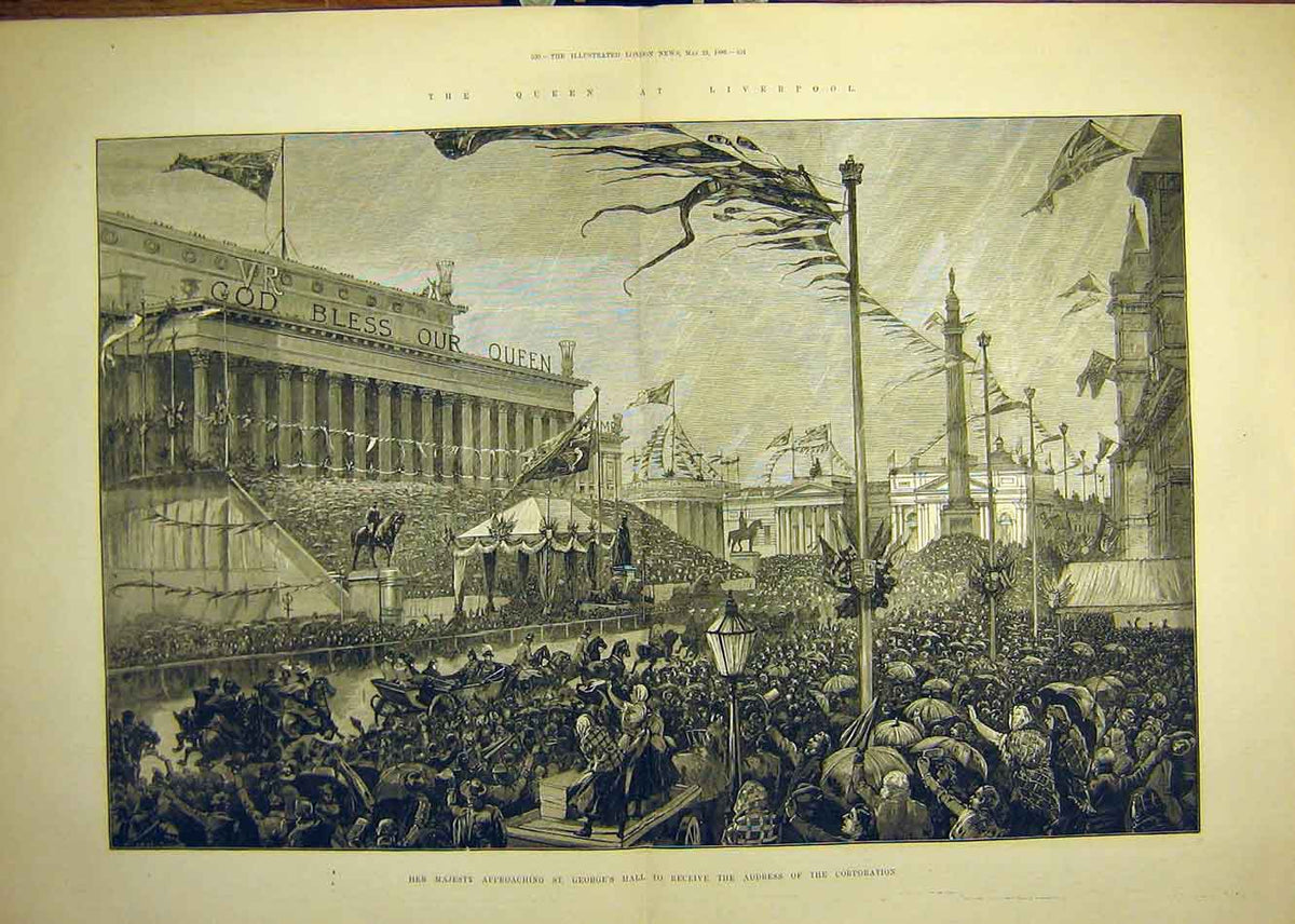 Original Old Antique Print 1886 Queen Liverpool St George'S Hall Corporation