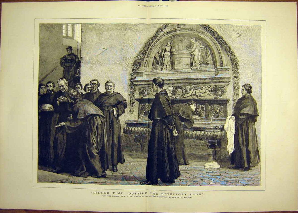 Original Old Antique Print 1877 Dinner-Time Refectory Topham Monks Religious