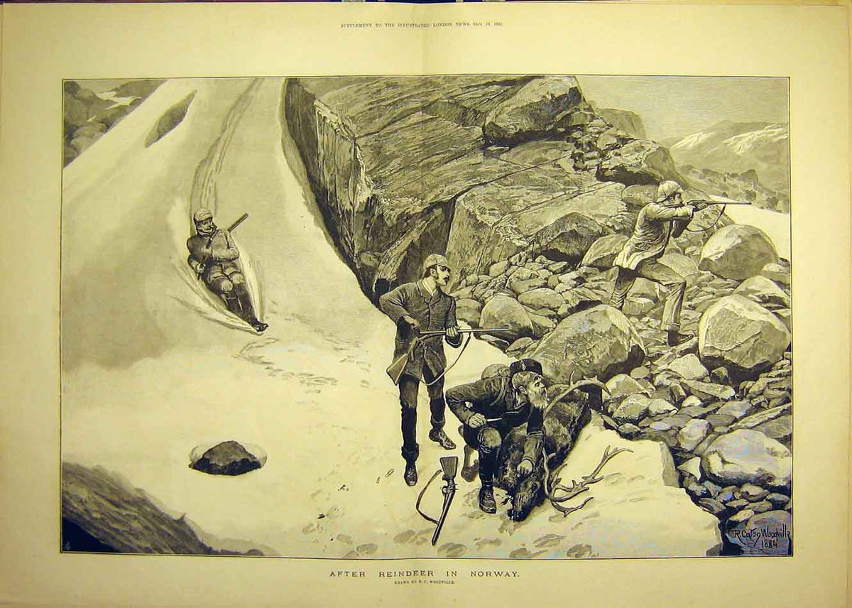 Original Old Antique Print 1885 Norway Reindeer Hunt Woodville Mountain Snow
