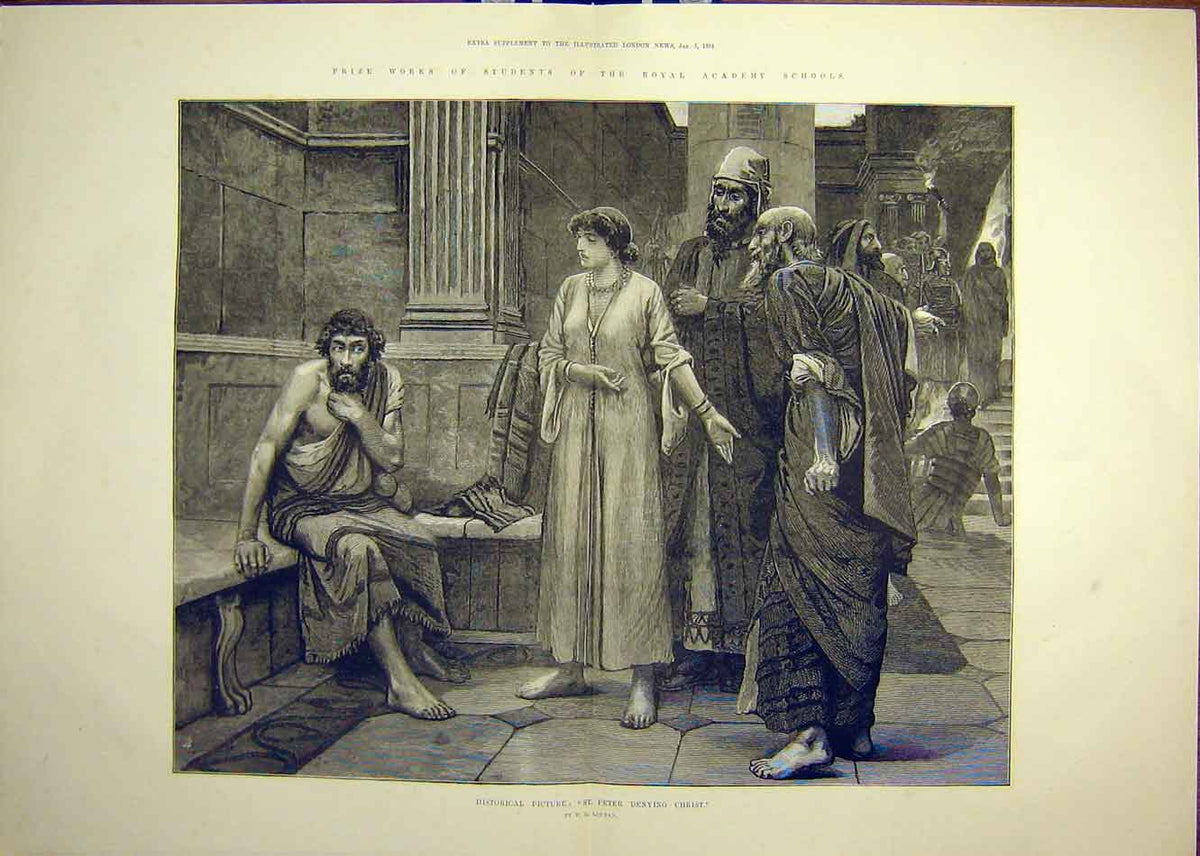 Original Old Antique Print 1884 Picture St Peter Christ Religious Loudan 19th