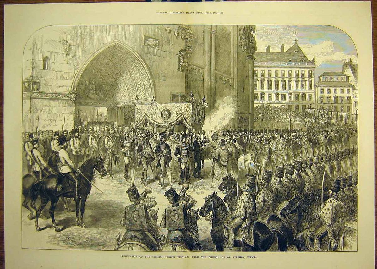 Old Antique Print 1874 Procession Corpus Christi Festival Church Vienna 19th