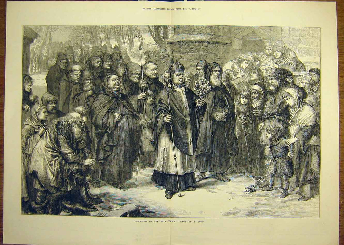 Original Old Antique Print 1872 Procession Holy-Thorn Hunt Fine Art Sketch 19th