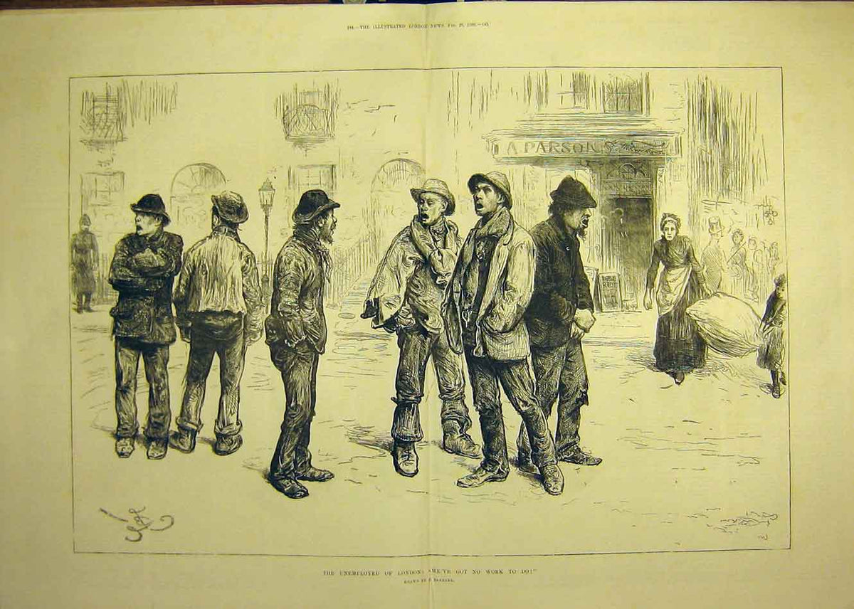 Original Old Antique Print 1886 Unemployed London Barnard Sketch People Work
