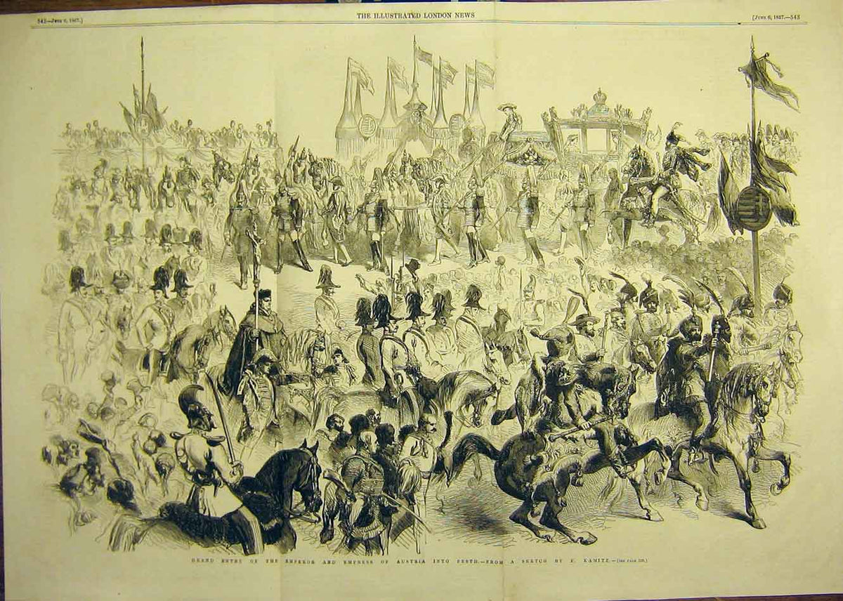 Original Old Antique Print 1857 Sketch Kamitz Emperor Empress Austria Pesth