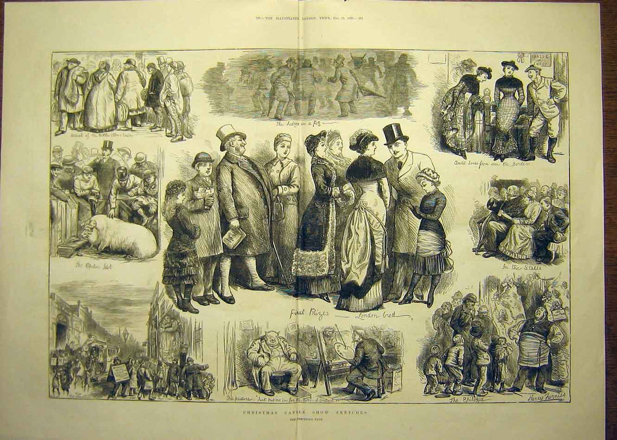 Original Old Antique Print 1880 Christmas Cattle Show Sketches Furniss People
