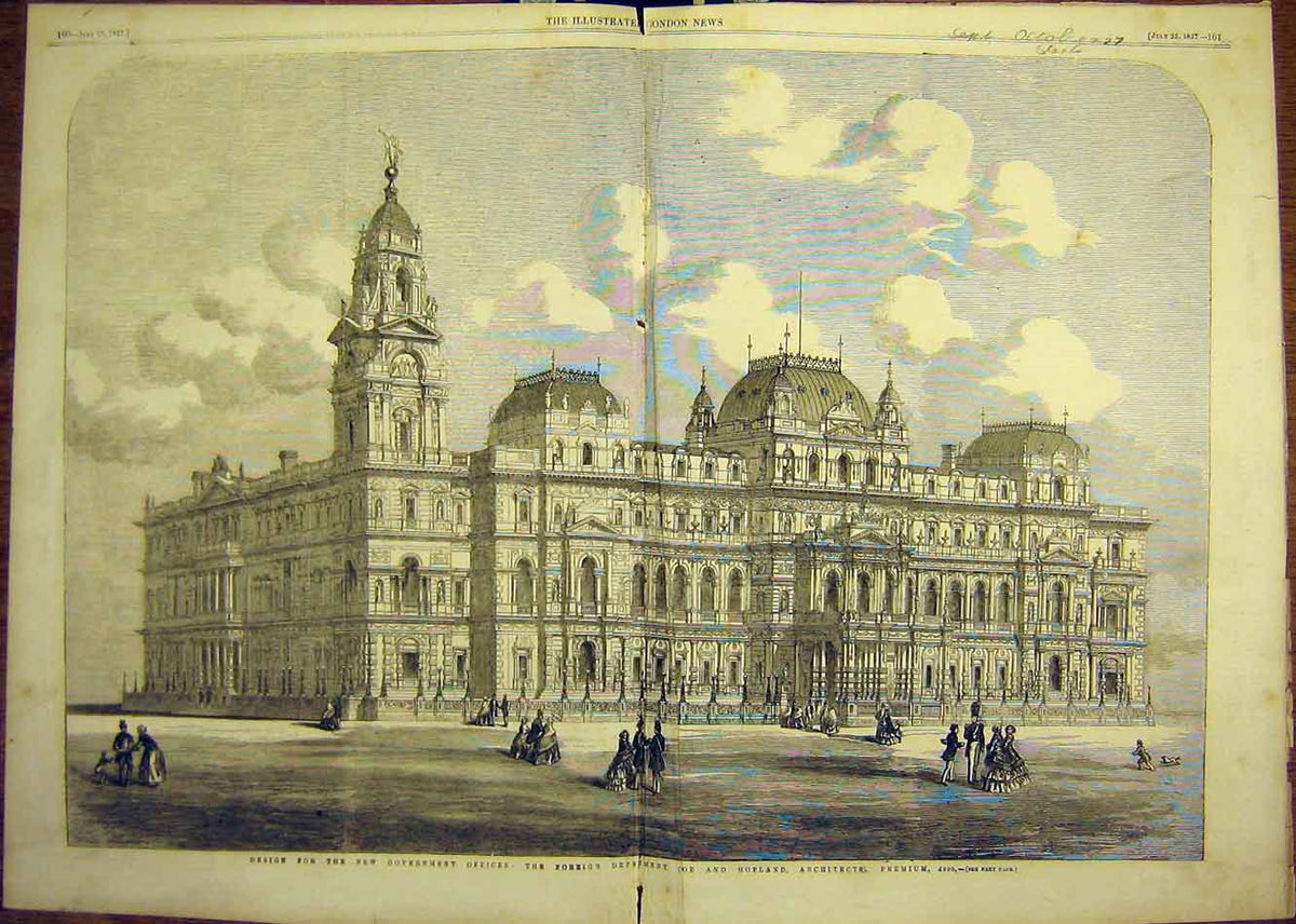 Original Old Antique Print 1857 Government Office Design Coe Hofland Architect