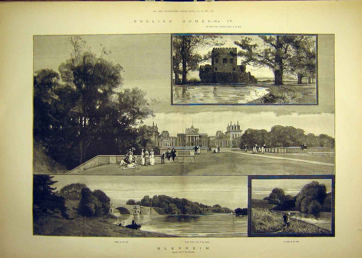 Original Old Antique Print 1885 English Homes Blenheim Palace Montbard Building