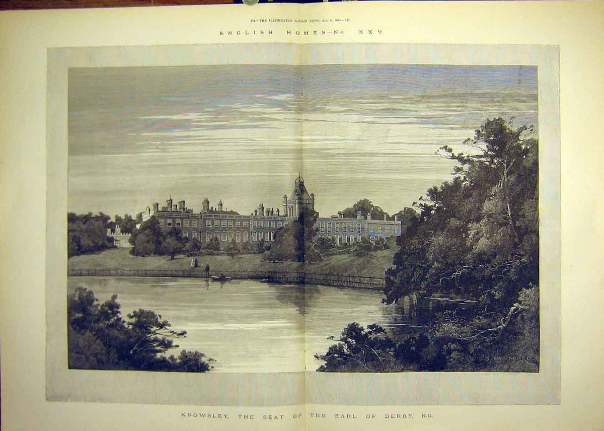 Original Old Antique Print 1890 Knowsley Earl Derby English Homes Building 19th