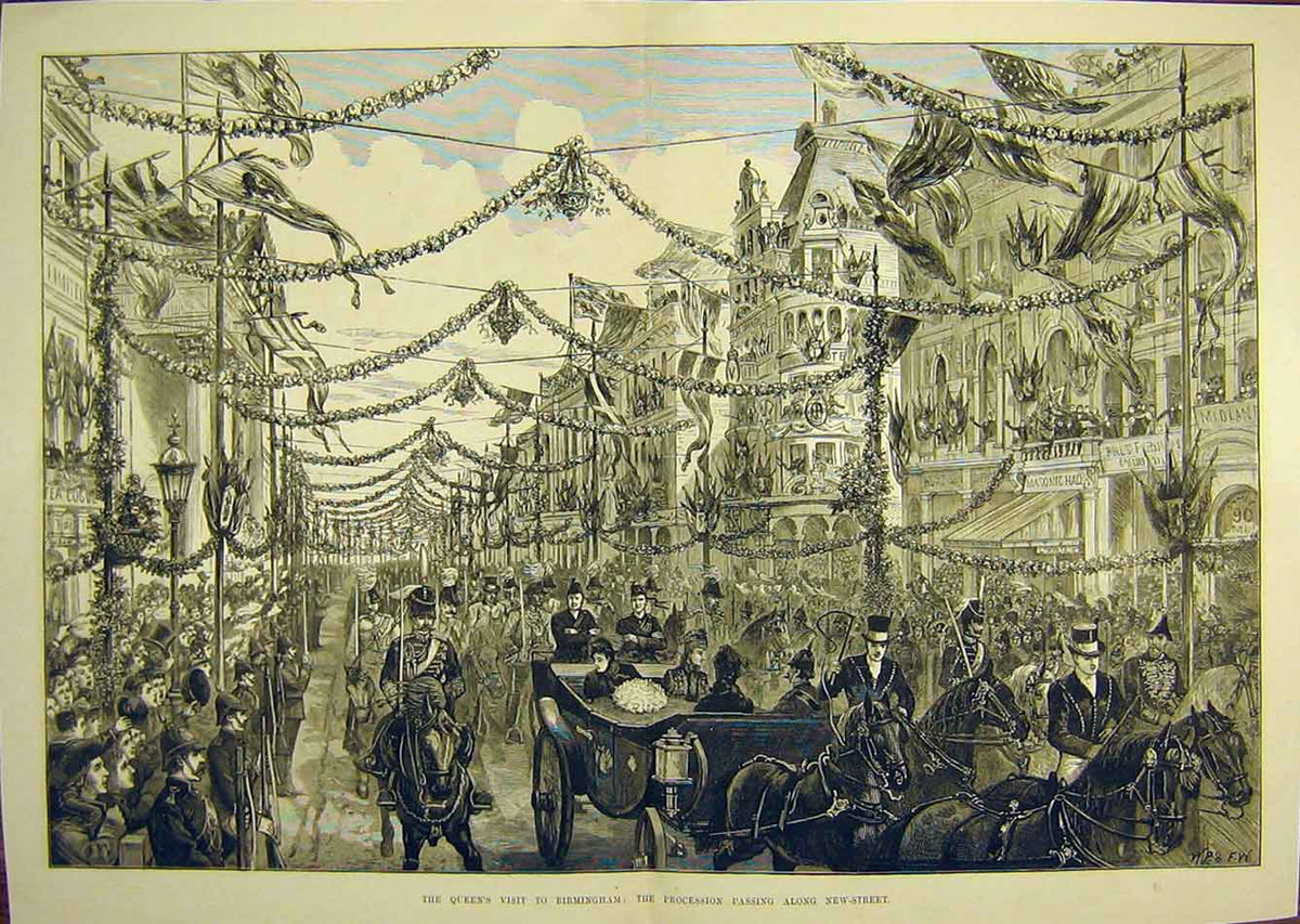 Original Old Antique Print Queen Birmingham Procession New-Street Crowd