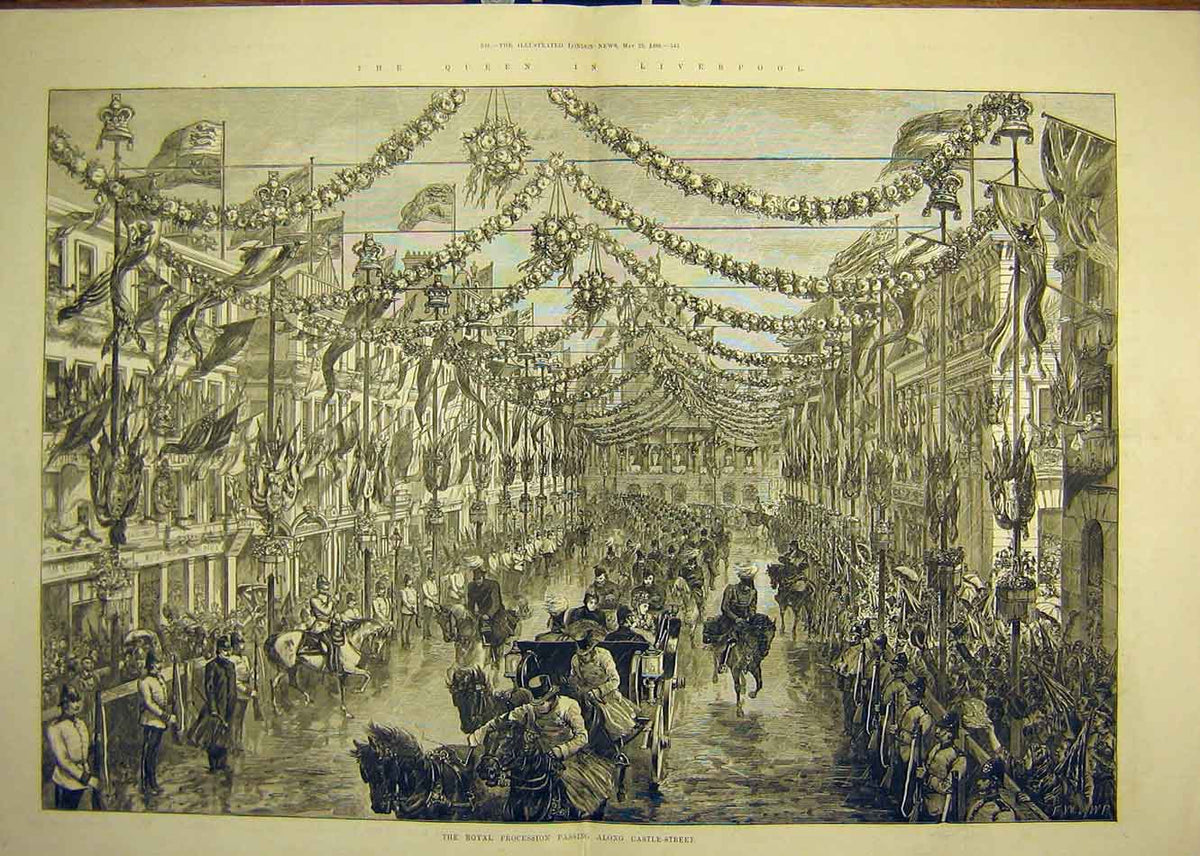 Original Old Antique Print 1886 Queen Liverpool Royal Procession Castle-Street