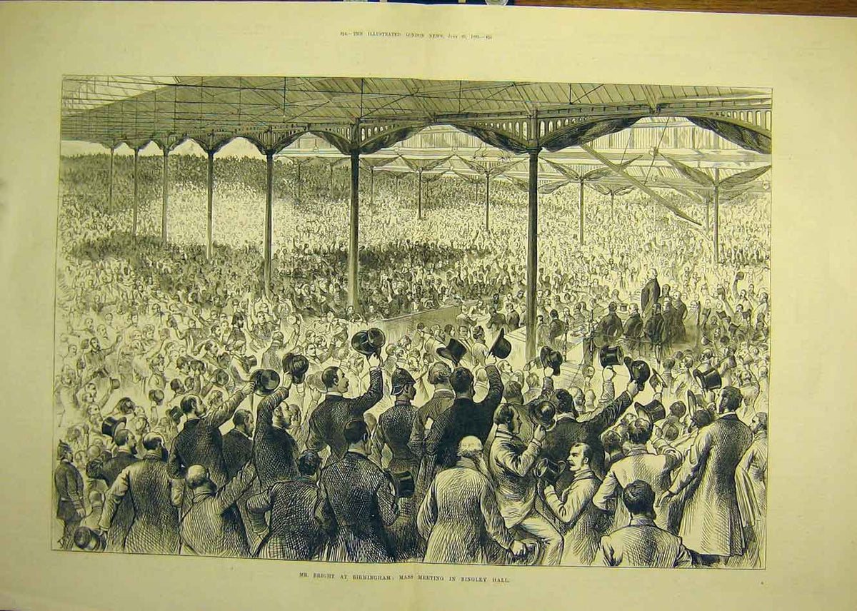 Original Old Antique Print 1883 Bright Birmingham Bingley Hall Meeting 19th
