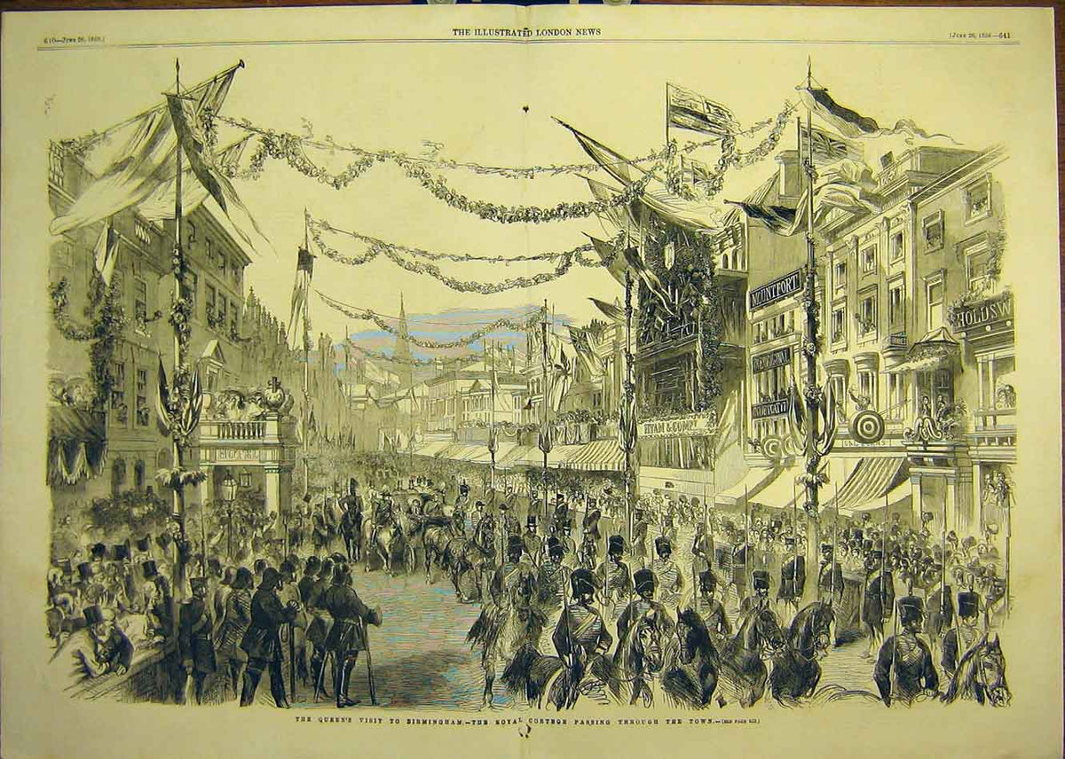 Original Old Antique Print 1858 Queen Birmingham Royal Cortege Street Victorian
