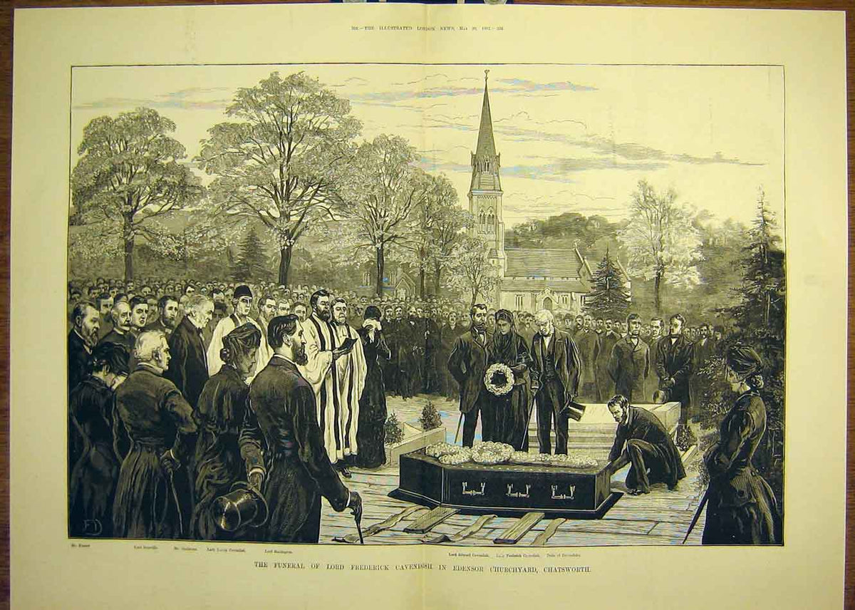 Original Old Antique Print 1882 Funeral Cavendish Edensor Churchyard Chatsworth