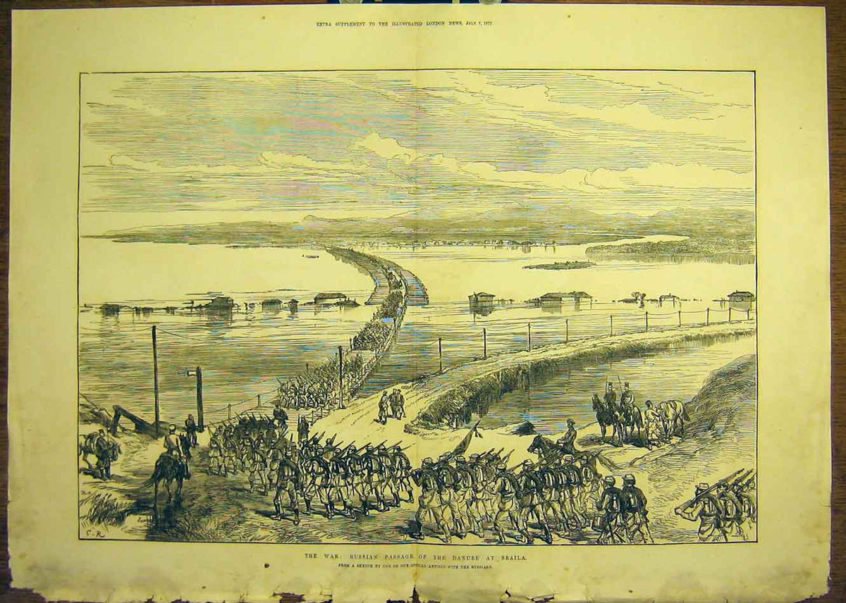 Original Old Antique Print 1877 War Russian Danube Braila Sketch Military 19th