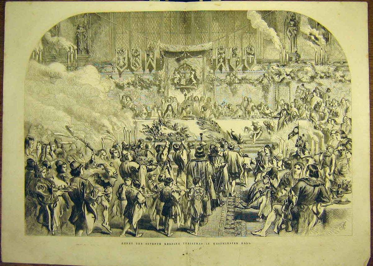 Original Old Antique Print 1856 Henry Seventh Christmas Westminster Hall 19th