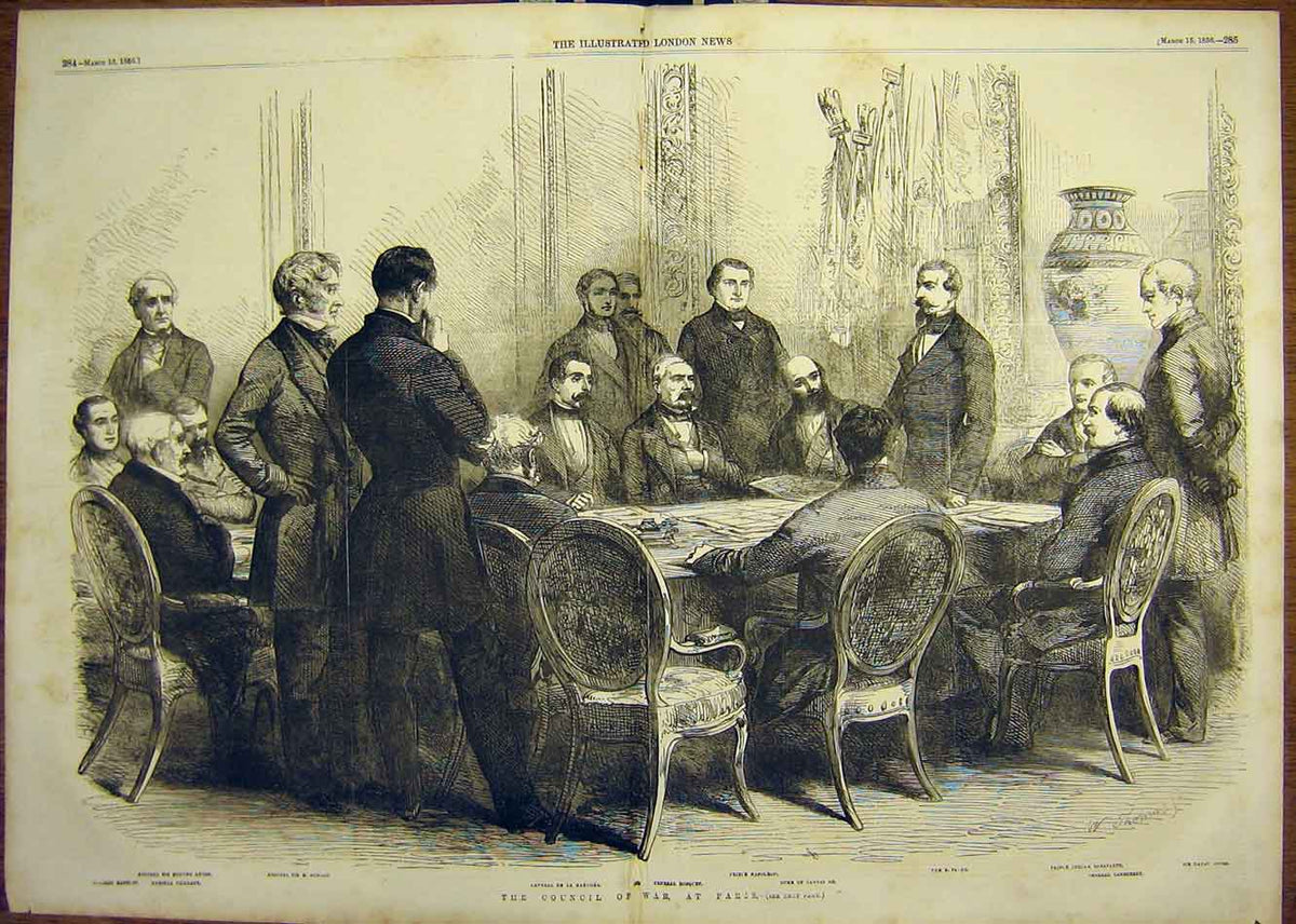 Original Old Antique Print 1856 Council War Paris Group Portrait Napoleon 19th