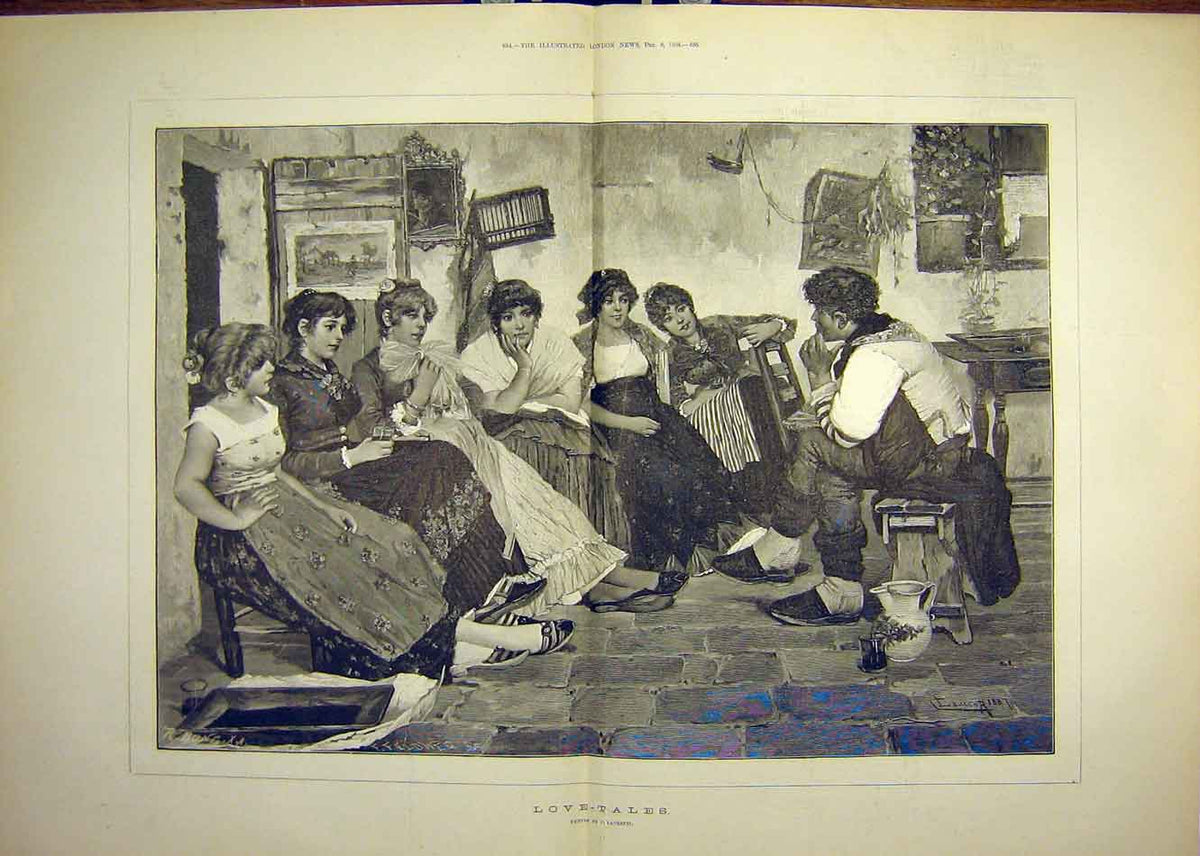 Original Old Antique Print 1888 Love-Tales Story Ladies Man Laurenti Romance