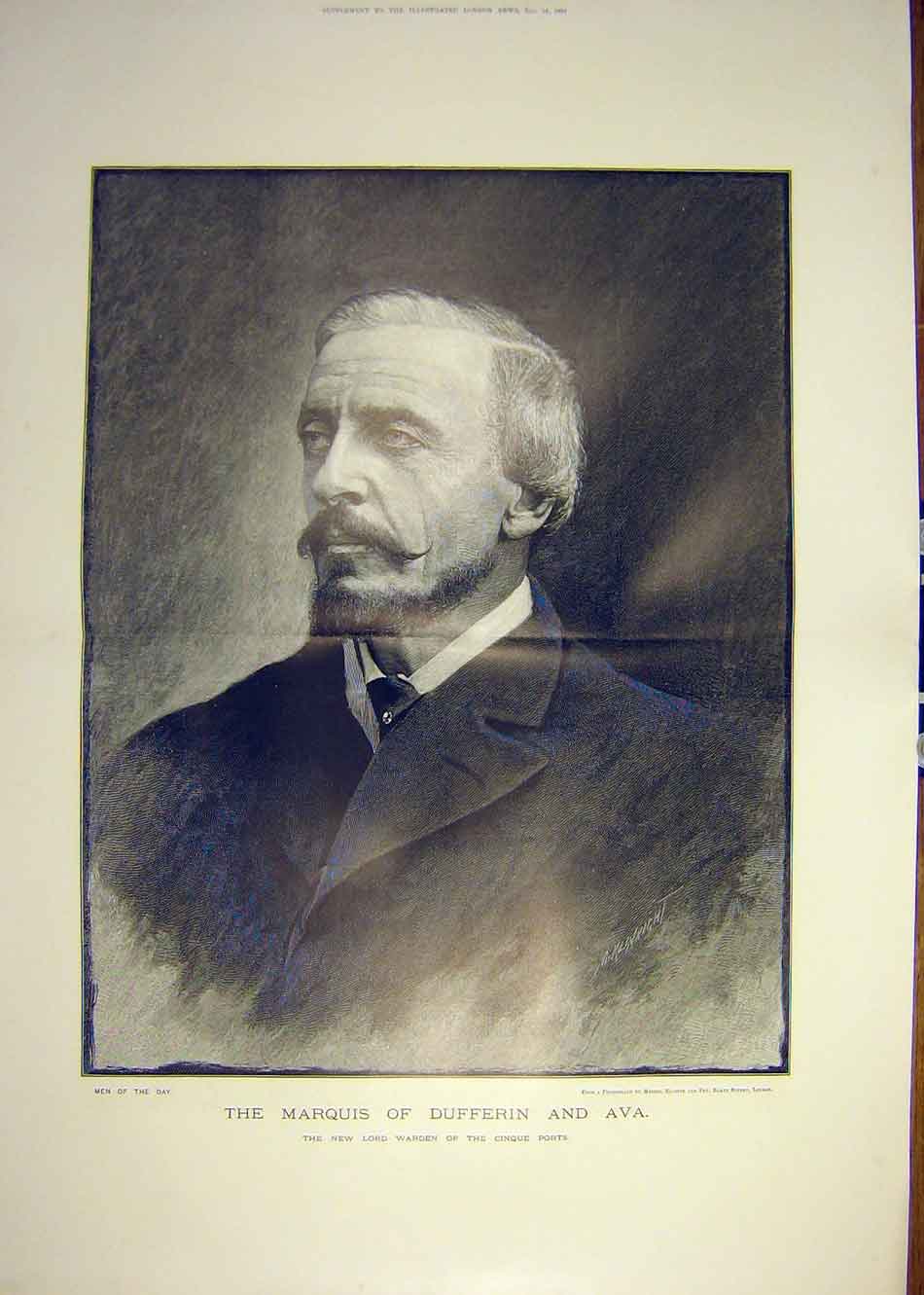 Original Old Antique Print 1891 Portrait Marquis Dufferin Ava Cinque Ports 19th