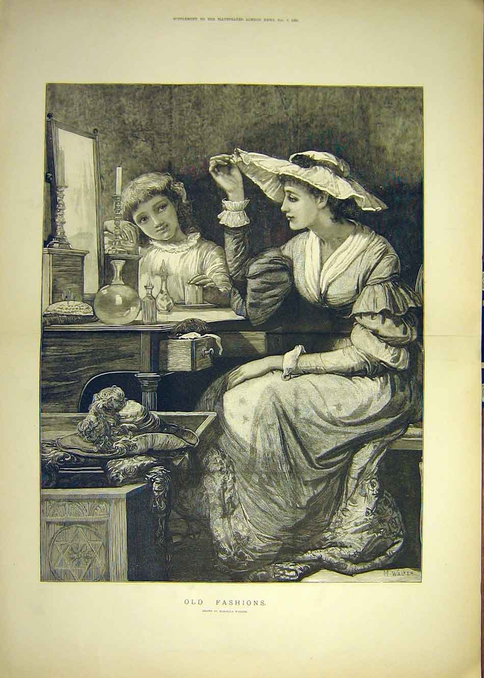 Original Old Antique Print 1885 -Fashion Walker Lady Child Hat 19th