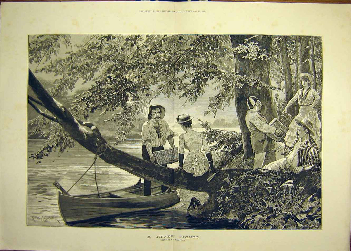 Original Old Antique Print 1885 River Picnic Woodville People Ladies Men Boat