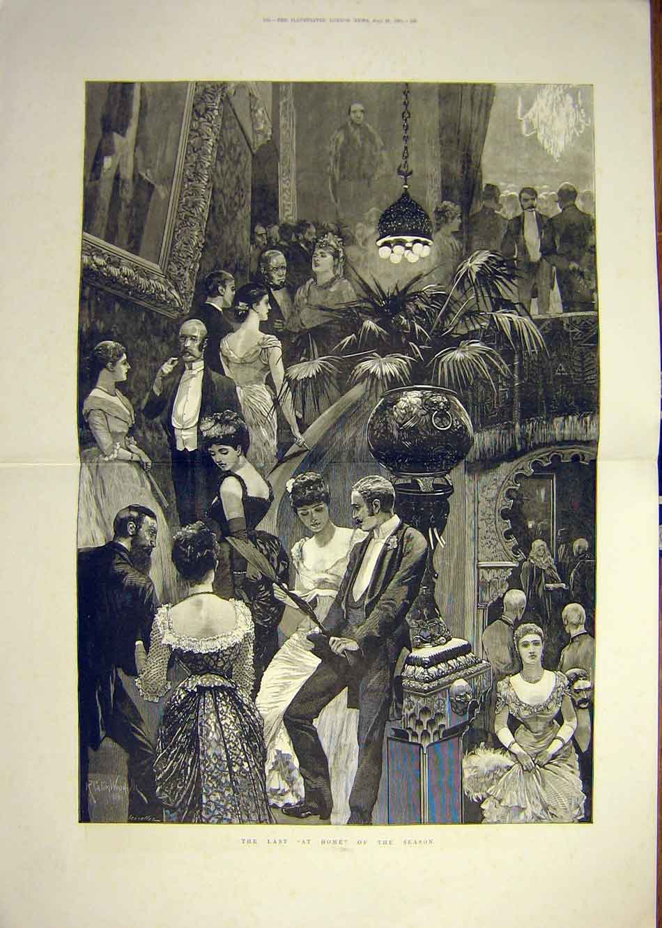 Original Old Antique Print 1883 Season At-Home Party Dance People Guests 19th