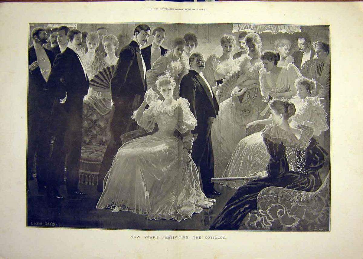 Old Antique Print 1894 New-Year Fsetivities Cotillon Dance Party People 19th