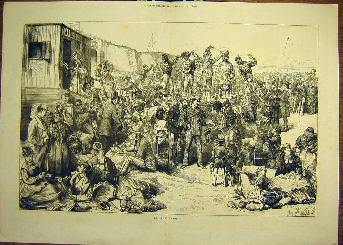 Old Antique Print 1871 Beach Crowd People Sand Entertainment Music Picnic 19th