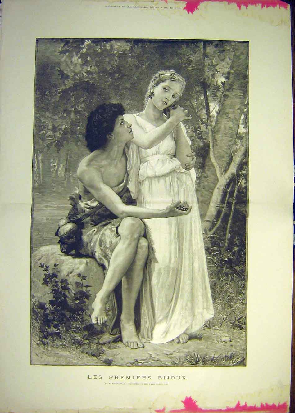 Original Old Antique Print 1891 Les-Premiers-Bijoux Bouguereau Berries Lady Man