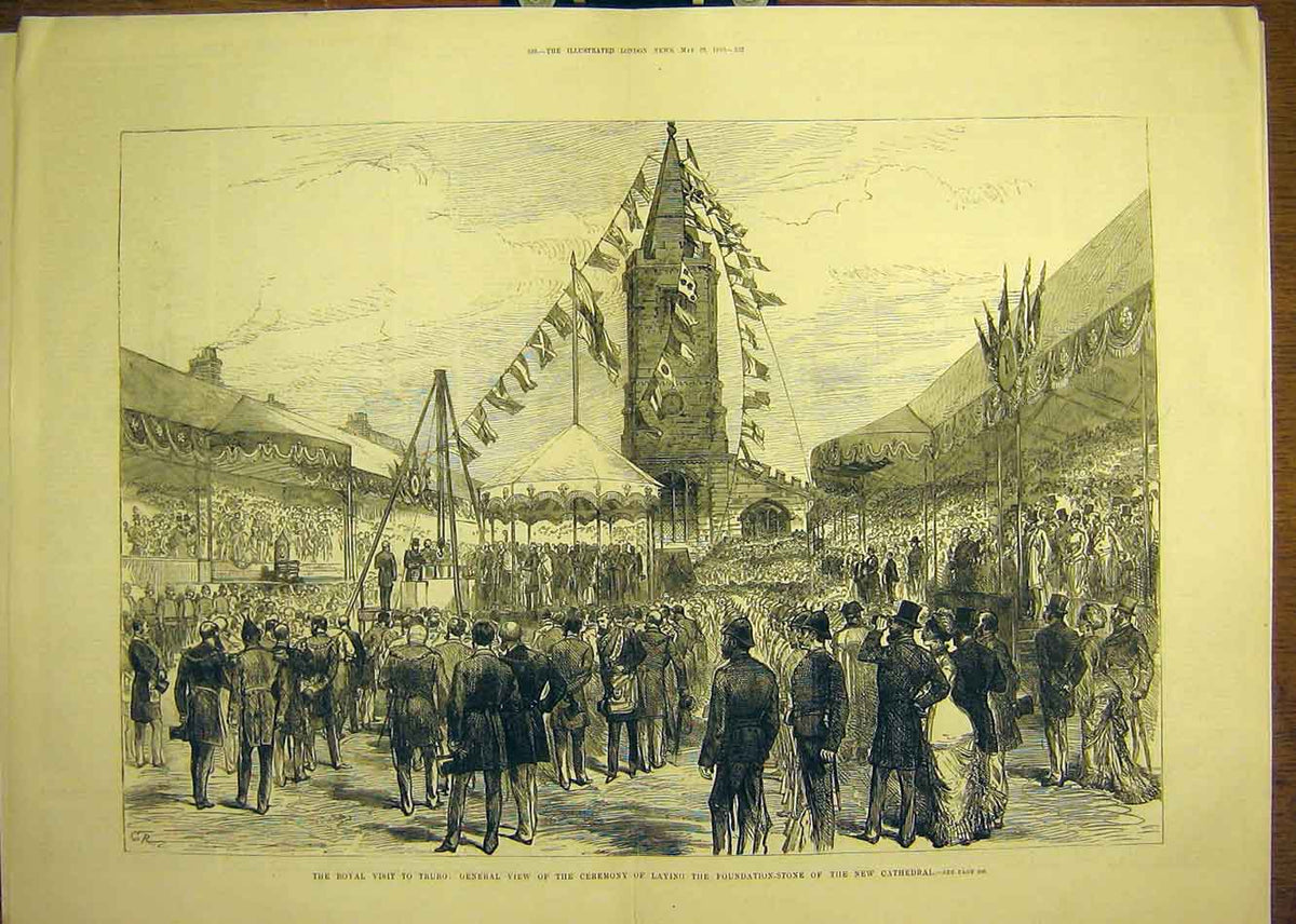 Original Old Antique Print 1880 Truro Royal Visit Cathedral Foundation Stone