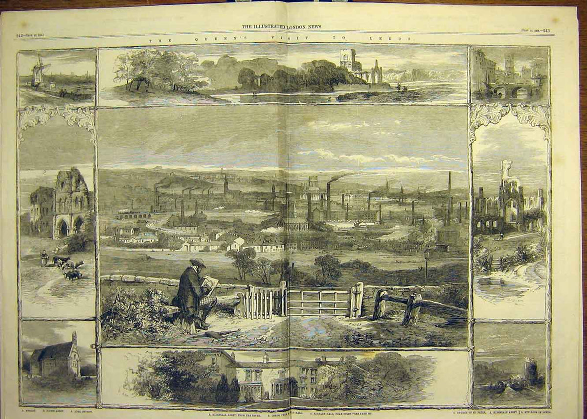 Old Antique Print 1858 Leeds Queen Visit Kirkstall Abbey Church Farnley 19th