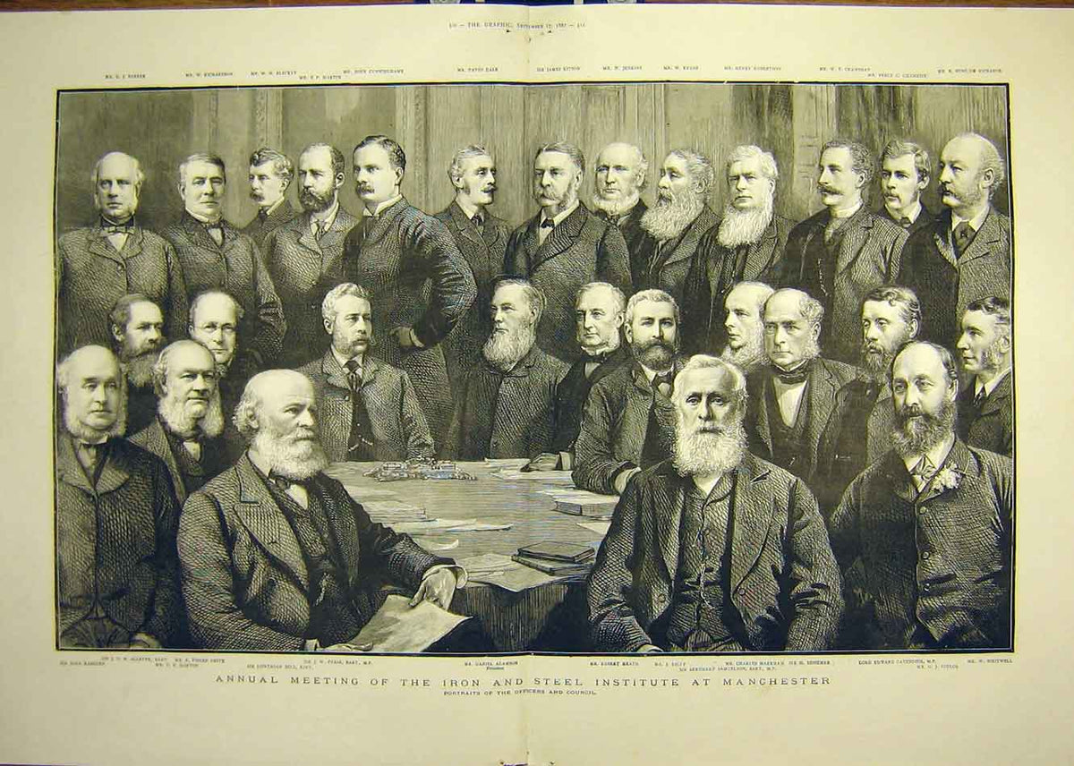 Original Old Antique Print 1887 Iron Steel Institute Manchester Group Portrait