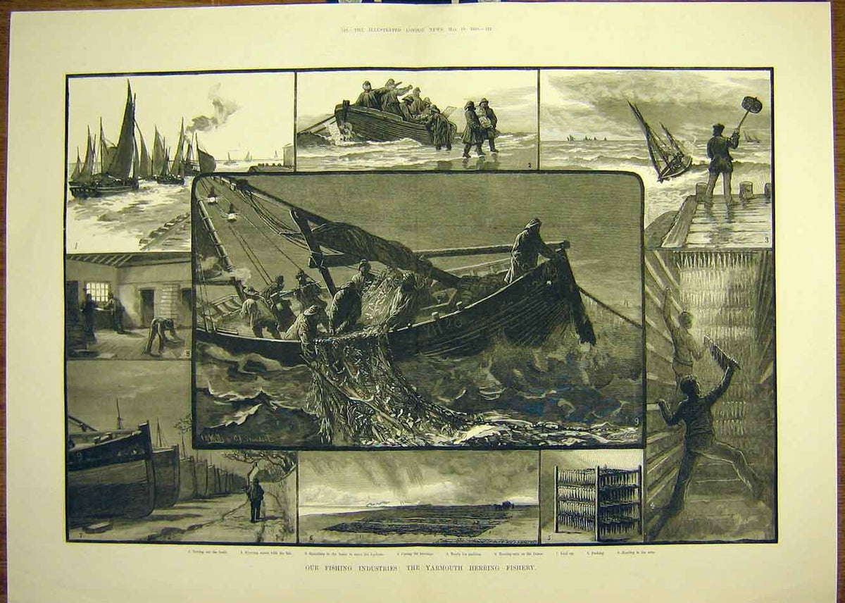 Original Old Antique Print 1883 Fishing Industry Yarmouth Herring Fishery 19th