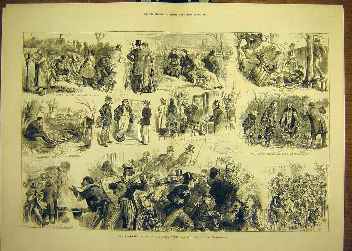 Original Old Antique Print 1880 Boat Race Spectators Sketches Crowd Swain 19th