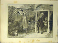 Original Old Antique Print 1893 Surprised Browne Lady Man Fence Dog Man 19th